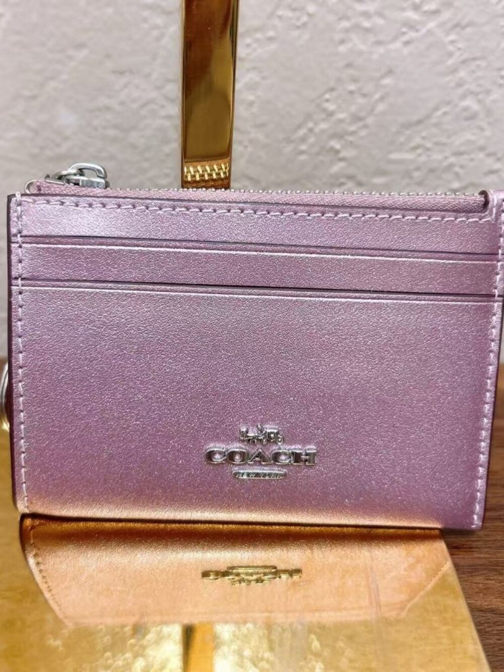 Coach Mini Skinny ID Card Case Keychain Wallet Metallic Pink Leather CW877